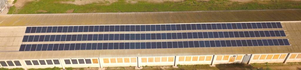 vista de la teulada de la granja avícola amb 150 mòduls fotovoltaics