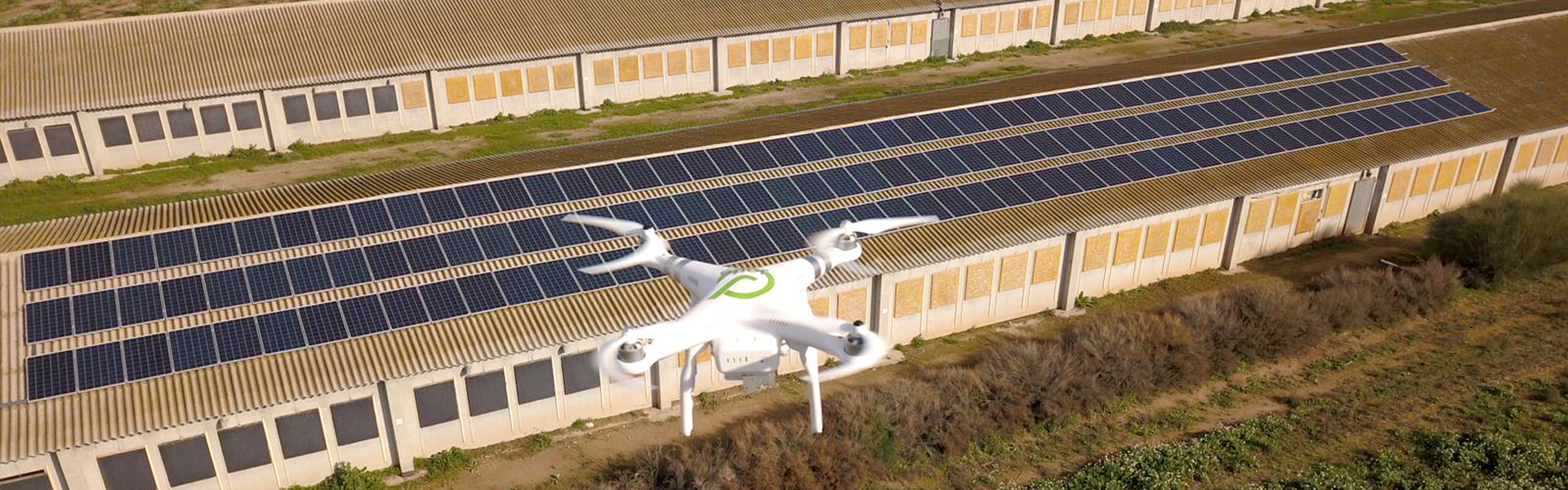 vista de la cubierta de la granja avícola con 150 modulos fotovoltaicos y del dron de Jorfe sobrevolando la instalación fotovoltaica